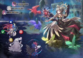 4girls absurdres armor bird blue_gloves blue_hair book breasts commentary commission dress english_commentary fang feather_hair_ornament feathers female_alear_(fire_emblem) floating floating_book floating_island floating_object gloves greaves grey_hair hair_ornament health_bar highres ivy_(fire_emblem) long_hair mario_(series) mosuke1221 multicolored_hair multiple_girls nintendo open_mouth purple_hair red_hair second-party_source skin_fang super_mario_rpg two-tone_hair veronica_(emblem)_(fire_emblem) veronica_(fire_emblem) very_long_hair veyle_(fire_emblem) wading water