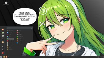 1girl absurdres abysssian black_shirt chain chain_necklace character_name commentary copyright_logo copyright_name desktop_(computing) double-parted_bangs english_text green_eyes green_hair hair_between_eyes hair_ornament hairband hairclip highres inward_v jewelry layered_clothes libreoffice linux linux_mint logo long_hair long_sleeves looking_at_viewer mozilla_firefox necklace os-tan personification portrait screenshot_background shirt signature smile solo speech_bubble start_menu taskbar timestamp user_interface v white_hairband white_shirt
