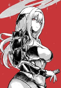 1girl armor armored_bodysuit bodysuit breasts frown goddess_of_victory:_nikke greyscale halo headgear highres japanese_armor kote large_breasts long_hair looking_at_viewer monochrome official_alternate_costume red_background red_eyes scarlet_(black_shadow)_(nikke) scarlet_(nikke) see-through_clothes shoulder_armor sode solo spot_color warubo