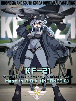 1girl baseball_cap black_boots black_gloves black_jacket boots breasts english_text gloves hat headgear highres humanization jacket kf-21_boramae knee_pads long_hair looking_at_viewer medium_breasts medium_hair open_mouth original pckcool personification red_eyes sharp_teeth skin_tight solo south_korean_flag standing teeth white_hair