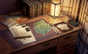 book calligraphy_brush desk drawer folding_screen game_cg indoors inkstone lantern no_humans non-web_source official_art paintbrush paper paper_doll scenery shide still_life touhou touhou_gensou_eclipse
