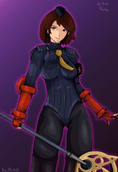 1girl absurdres bodysuit brown_hair capcom corruption empty_eyes evil_smile final_fantasy final_fantasy_x highres leotard mind_control rod shadaloo_dolls short_hair smile square_enix street_fighter yuna yuna_(ff10)