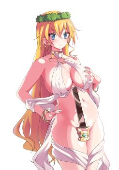 1girl absurdres blonde_hair blue_eyes blush breasts celestine_lucullus celestine_lucullus_(cosplay) claire_harvey commission cosplay covered_erect_nipples covering_nipples covering_privates female_focus fingernails hair_ornament hand_on_own_chest highres hundred_(light_novel) kuroinu_~kedakaki_seijo_wa_hakudaku_ni_somaru~ large_breasts likauce long_hair navel no_panties o-ring pelvic_curtain revealing_clothes simple_background solo standing white_background