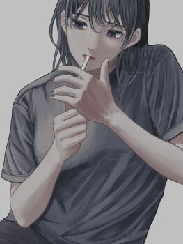 1girl absurdres asada_asahi breasts cigarette commentary eyelashes grey_background grey_eyes grey_hair grey_nails grey_pants grey_shirt hair_between_eyes highres holding holding_cigarette looking_at_object medium_hair mole mole_under_eye original pants parted_lips shirt short_sleeves simple_background small_breasts smoking solo tobacco upper_body