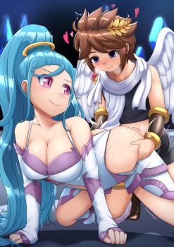 1boy 1girl absurdres amazon_pandora angel angel_wings armored_leotard blue_eyes blue_hair breasts brown_hair cleavage heart hetero highres holding_ass kid_icarus kid_icarus_uprising large_breasts leotard long_hair looking_at_another nintendo pink_eyes pit_(kid_icarus) selvalanch sex sex_from_behind short_hair tagme wide_hips wings