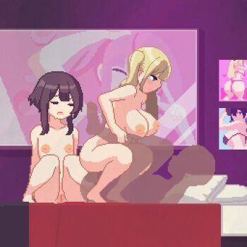 1boy 2girls animated animated_gif blonde_hair blue_eyes blush blush breasts brown_hair closed_eyes colorized completely_nude cowgirl_position flat_chest girl_on_top inverted_nipples large_areolae large_breasts long_hair looking_at_another looking_down medium_hair multiple_girls nipples nude on_bed original pixel_art pompom_studio sex small_breasts straddling tagme twintails