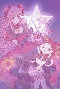 Rule 34 | > o, 1girl, ahoge, animal, black choker, black gloves, bow, bowtie, brown eyes, cat, choker, cloak, clothed animal, commentary, cowboy shot, dot nose, double bun, dress, ear covers, earrings, elbow gloves, english commentary, expressionless, eyelashes, frilled bow, frilled choker, frilled dress, frilled gloves, frilled sleeves, frilled thigh strap, frills, gloves, glowing, gold earrings, gold necklace, gown, hair bow, hair bun, holding, holding star, hood, hood up, hooded cloak, infinity nikki, jewelry, light blush, light particles, long dress, long hair, looking at viewer, lucidly, momo (nikki), navel, necklace, nikki (nikki), nikki (series), official alternate costume, one eye closed, parted lips, pawpads, pink hair, pleated dress, print dress, purple background, red bow, red bowtie, red cloak, red dress, short sleeves, sidelocks, square neckline, standing, star (symbol), star earrings, sun print, thigh strap, thighhighs, threads of reunion (infinity nikki), torn clothes, torn dress, very long hair, wavy hair, whimstar (infinity nikki), white cat, white thighhighs, yarn