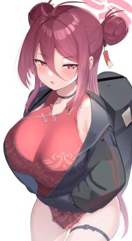 1girl antenna_hair belt black_choker blue_archive breasts china_dress chinese_clothes choker collarbone dress hair_bun halo highres jacket large_breasts letterman_jacket mole mole_on_chest mole_on_collarbone mole_on_thigh mole_under_eye partially_unzipped pelvic_curtain red_dress red_halo reijo_(blue_archive) simple_background single_side_bun solo thigh_belt thigh_strap unizou white_background