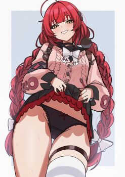 1girl ahoge black_panties black_sailor_collar bow braid cardigan choker clothes_lift commentary english_commentary green_eyes hair_between_eyes hair_ornament highres long_hair long_sleeves looking_at_viewer panties pleated_skirt red_hair sailor_collar senapops simple_background single_thighhigh skindentation skirt skirt_lift smile solo sphere_hair_ornament thigh_strap thighhighs twin_braids twintails ukinami_yuzuha underwear very_long_hair white_bow zenless_zone_zero