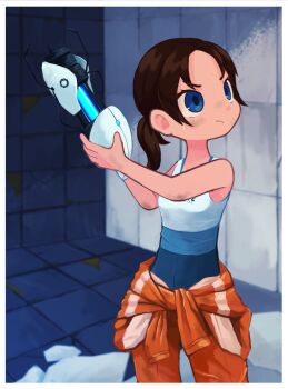 1girl aperture_science_handheld_portal_device blue_eyes chell dirty female_focus highres jumpsuit jumpsuit_around_waist masyu_ori ponytail portal portal_(series) portal_2 sleeveless solo