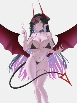 1girl against_glass azur_lane black_hair blush bracelet breast_press breasts breasts_on_glass cgge01 commentary_request demon_girl demon_horns demon_tail demon_wings earrings eyewear_on_head goetz_von_berlichingen_(azur_lane) goetz_von_berlichingen_(rapture_beneath_the_blood_moon)_(azur_lane) green_eyes hand_on_glass heart heart-shaped_eyewear highres hoop_earrings horns huge_breasts jewelry long_hair looking_at_viewer navel official_alternate_costume parted_lips pointy_ears red_horns red_nails simple_background solo stomach sunglasses tail thigh_strap very_long_hair white_background wings
