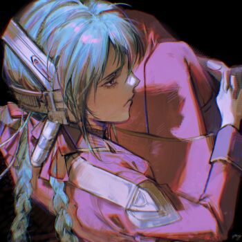 1girl absurdres black_background blue_hair braid braided_twintails char&#039;s_counterattack gundam headgear highres jacket long_hair long_sleeves military_uniform purple_eyes quess_paraya simple_background solo su2urann