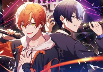 2boys absurdres aoyagi_touya black_choker choker earrings green_eyes highres holding holding_microphone hood hood_down hoodie jacket jewelry looking_at_viewer microphone multiple_boys open_mouth orange_hair project_sekai shinonome_akito smile stage_lights sweat teeth teneko02 white_hoodie