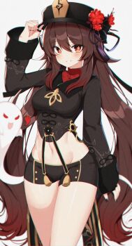 1girl absurdres arm_up black_hat black_nails black_shirt black_shorts boo_tao_(genshin_impact) breasts brown_hair chinese_clothes collared_shirt cowboy_shot crop_top flower genshin_impact gold_trim grin groin hat hat_flower highres hu_tao_(genshin_impact) jewelry long_hair long_sleeves looking_at_viewer medium_breasts micro_shorts midriff nail_polish navel plum_blossoms red_eyes ring shirt short_shorts shorts simple_background smile solo star-shaped_pupils star_(symbol) stomach symbol-shaped_pupils tailcoat tassel thighs thumb_ring twintails undershirt very_long_hair w.k white_background