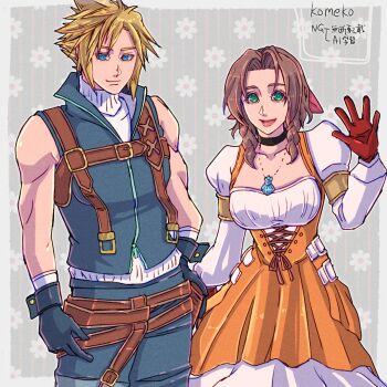 1boy 1girl aerith_gainsborough aerith_gainsborough_(garnet's_gown) artist_name bare_shoulders black_choker black_gloves black_wrist_cuffs blonde_hair blue_eyes blue_pants blue_vest breasts choker closed_mouth cloud_strife cloud_strife_(zidane's_outfit) cosplay crystal dress final_fantasy final_fantasy_vii final_fantasy_vii:_ever_crisis floral_background garnet_til_alexandros_xvii garnet_til_alexandros_xvii_(cosplay) gloves green_eyes hair_ribbon hand_on_own_hip highres jewelry juliet_sleeves komeko_(strikek-lvvjm27) light_smile long_sleeves medium_breasts medium_hair official_alternate_costume open_mouth orange_dress pants parted_bangs pendant petticoat pink_ribbon puffy_sleeves red_gloves ribbed_sweater ribbon shirt short_hair sidelocks sleeveless sleeveless_turtleneck spiked_hair standing suspenders sweater turtleneck vest white_shirt white_sweater wrist_cuffs zidane_tribal zidane_tribal_(cosplay)
