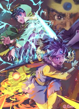 1boy 1girl 1other ambiguous_gender artist_name beard belt black_hair blue_eyes blue_gemstone blue_tunic bracelet bright_pupils broken_necklace brown_belt brown_gloves brown_hair cape casting_spell circlet colored_eyelashes commentary_request cowboy_shot dragon_quest dragon_quest_iii earrings erdrick&#039;s_sword facial_hair father_and_daughter floating_cape floating_clothes floating_hair gem gloves glowing glowing_sword glowing_weapon gold_bracelet gold_circlet green_cape green_robe grey_eyes heroine_(dq3) highres holding holding_staff holding_sword holding_weapon hood hood_up hoop_earrings incoming_attack jewelry knee_up lightning looking_at_viewer mage_(dq3) mage_staff magic one_eye_covered open_mouth ortega_(dq3) pants parent_and_child pink_eyes pink_pupils purple_cape red_gemstone red_pupils robe roto_(dq3) sandals scabbard sheath shey93735903 short_hair silver_circlet silver_earrings spiked_hair staff sweatdrop sword teeth torn_clothes torn_tunic tunic weapon white_pupils yellow_pants yellow_sleeves