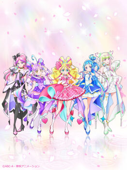 5girls absurdres ahoge aokaze_nana bare_arms bare_legs bare_shoulders black_gloves black_hair black_socks blonde_hair blue_dress blue_eyes blue_hair blunt_bangs boots bracelet braid brooch bubble_skirt crossed_legs cure_idol cure_kiss cure_kyunkyun cure_wink cure_zukyuun curled_horns curly_hair diamond_(shape) dress elbow_gloves falling_petals fortissimo full_body gingham_dress gloves gradient_hair green_hair hair_bun hair_extensions hair_ornament hair_ribbon hair_tie hair_wings half_gloves headband headset heart heart-shaped_lock heart_brooch heart_hair_bun heart_hair_ornament highres holding holding_lightstick holding_weapon horns idol_heart_brooch_(precure) jewelry kimi_to_idol_precure knee_boots kneehighs long_hair long_sleeves looking_at_viewer meroron_(civilian)_(precure) meroron_(precure) multicolored_hair multiple_girls musical_note musical_note_hair_ornament official_art official_style parted_bangs petals pink_dress pink_eyes pink_hair pink_petals precure puffy_dress puffy_sleeves purirun_(civilian)_(precure) purirun_(precure) purple_dress purple_eyes purple_hair ribbon sakura_uta_(precure) shadow shigure_kokoro short_dress single_bare_leg single_kneehigh single_sleeve_cuff single_sock skirt socks standing twin_braids twintails v very_long_hair water_drop weapon white_dress white_gloves winged_hair_ornament wrist_ribbon