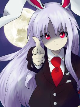 1girl animal_ears edwardmidori finger_gun glowing glowing_eyes highres imperishable_night long_hair looking_at_viewer moon pointing pointing_at_viewer rabbit_ears reisen_udongein_inaba solo touhou
