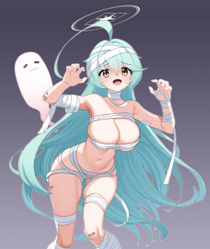 1girl absurdres aqua_hair bandages bandaid bandaid_on_knee bandaid_on_leg blue_archive breasts cleavage collarbone dopamine70 gradient_background grey_background halloween halo highres large_breasts long_hair looking_at_viewer mummy_costume naked_bandage standing very_long_hair white_halo yellow_eyes yume_(blue_archive)