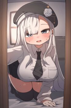 1girl all_fours animated animated_gif artist_request black_hat black_necktie black_skirt black_thighhighs blinking blue_eyes blush bouncing_breasts breasts collared_shirt commission hat indoors large_breasts long_hair looking_at_viewer necktie open_mouth original second-party_source shirt skirt sleeves_past_wrists smile solo sweat thighhighs white_hair white_shirt