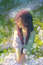 Rule 34 | 1girl, absurdres, blurry, blush, buttoned cuffs, closed eyes, cowboy shot, depth of field, dress, facing to the side, field, flower, flower field, grass, hair over shoulder, hands on lap, highres, li nauu, long hair, long sleeves, low-tied long hair, mole, mole under eye, mole under mouth, original, own hands together, parted bangs, photo-referenced, purple hair, sitting, solo, white dress, white flower