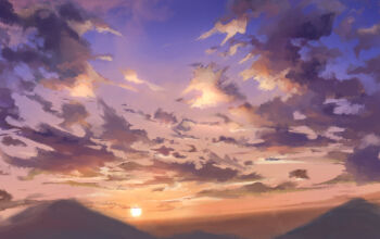 chinese_commentary cloud commentary_request evening horizon komatta_komarisan multicolored_sky no_humans original outdoors scenery sky sky_focus sun sunset