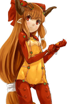 Rule 34 | 1girl, blush, bodysuit, bow, bracer, clothes writing, cosplay, covered navel, cowboy shot, female focus, flat chest, from side, gloves, groin, hair bow, hair ornament, highres, holding own arm, horns, ibuki suika, light smile, long hair, looking at viewer, low-tied long hair, mecha pilot suit, neon genesis evangelion, nishiuri, orange hair, plugsuit (evangelion), pointy ears, rebuild of evangelion, red bodysuit, red eyes, see-through bodysuit, see-through clothes, shiny clothes, sidelocks, simple background, sketch, skin tight, smile, solo, souryuu asuka langley (cosplay), test plugsuit (evangelion), touhou, turtleneck, very long hair, white background, wide hips