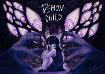 1girl aged_down black_hair blue_eyes blunt_bangs child commentary dress extra_arms fingernails highres long_fingernails looking_back maria_(yoru_chii) nico_robin one_piece signature sleeveless sleeveless_dress solo tears