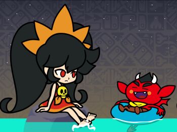 1boy 1girl ashley_(warioware) barefoot black_hair closed_eyes feet feet_in_water nintendo red_(warioware) red_eyes rock screencap soles swim_ring toes twintails warioware water