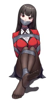 1girl bdsm black_hair black_pantyhose blunt_bangs bondage bound duct_tape gag gbeeee highres improvised_gag jabami_yumeko kakegurui long_hair looking_at_viewer pantyhose red_eyes restrained shibari simple_background sitting solo tape tape_bondage tape_gag white_background