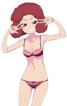 1girl blush bra breasts brown_eyes cleavage collarbone double_w frilled_bra frilled_panties frills girls_und_panzer grin highres kayabakoro lingerie navel panties red_hair rum_(girls_und_panzer) simple_background small_breasts smile solo underwear w white_background