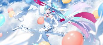 1girl absurdres aqua_eyes aqua_hair bird bodysuit bow breasts broom broom_riding detached_sleeves dove goodsmile_company goodsmile_racing gradient_hair hair_between_eyes hat hatsune_miku highres jing_(947728534) long_hair medium_breasts microphone_stand multicolored_hair official_alternate_costume official_alternate_hairstyle outdoors pink_hair racing_miku racing_miku_(2024) riding sleeveless sleeveless_bodysuit teeth twintails very_long_hair vocaloid white_bodysuit white_bow witch_hat