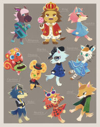 Rule 34 | 4girls, 6+girls, animal crossing, arms at sides, audie (animal crossing), belt, black hat, black jacket, black shirt, blonde hair, blue coat, blue dress, blue eyes, blue hat, border, bow, bowtie, brown hair, candy, caroline (animal crossing), chadder (animal crossing), character name, chief (animal crossing), coat, collared shirt, colored sclera, crossed arms, dress, elvis (animal crossing), eyeshadow, facial scar, food, freya (animal crossing), full body, fur-trimmed robe, fur trim, furry, furry female, furry male, glasses, green dress, green eyes, grey background, grey border, grey hat, grey vest, hands in pockets, hat, head wreath, highres, holding, holding candy, holding food, holding lollipop, horse girl, jacket, jewelry, lion boy, lobo (animal crossing), lollipop, makeup, multiple girls, necklace, necktie, nintendo, one eye closed, open mouth, outstretched arms, pawpads, pink hair, red bow, red bowtie, red dress, red robe, reneigh (animal crossing), robe, savannah (animal crossing), scar, scar on cheek, scar on face, shirt, squirrel girl, tinted eyewear, top hat, ukata, vest, whitney (animal crossing), wolf boy, wolf girl, yellow necktie, yellow sclera, zebra girl