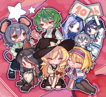 6+girls absurdres akira_(cookie) alice_margatroid animal_ears black_dress black_eyes black_hair black_hat black_shoes black_skirt black_vest blonde_hair blue_hood blush boots bow brown_boots closed_eyes collared_shirt colored_skin commentary_request cookie_(touhou) dress dual_persona flour_(cookie) frilled_hairband frills full_body green_hair grey_hair hair_bow hairband hakurei_reimu halftone halftone_background hat hat_bow highres holding holding_sign hood hood_up ichigo_(cookie) kazami_yuuka kirisame_marisa kumoi_ichirin long_hair long_sleeves looking_at_another melanin_shikiso milk_(cookie) mouse_ears mouse_girl mouse_tail multiple_girls murasa_minamitsu nazrin nyon_(cookie) open_mouth puffy_short_sleeves puffy_sleeves purple_hair red_background red_bow red_eyes red_hairband red_vest rurima_(cookie) shirt shoes short_hair short_sleeves shorts sign skirt skirt_set smile suzu_(cookie) tail touhou vest white_bow white_shirt white_shorts white_skin witch_hat