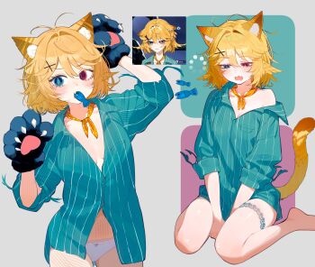 1girl absurdres animal_ears animal_hands aqua_eyes aqua_shirt blonde_hair blush breasts cat_ears cat_tail dokibird dokibird_(bounty_hunter) fish_in_mouth gloves grey_background heterochromia highres indie_virtual_youtuber loading_icon ms._tsu multiple_views naked_shirt neckerchief orange_neckerchief panties paw_gloves pinstripe_pattern pinstripe_shirt red_eyes reference_inset shirt short_hair sitting sleepy small_breasts tail thigh_strap underwear virtual_youtuber wariza white_panties