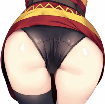 1girl ass ass_focus belt black_panties black_thighhighs crotch_seam dress female_focus from_behind hews kono_subarashii_sekai_ni_shukufuku_wo! megumin panties red_dress simple_background single_thighhigh solo thighhighs thighs underwear white_background