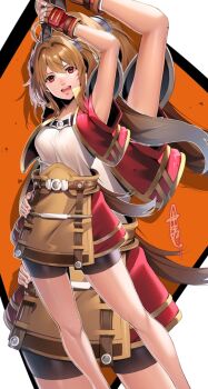 1girl armor breasts brown_hair commentary commission cropped_jacket eiyuu_densetsu english_commentary estelle_bright fingerless_gloves gloves highres long_hair looking_at_viewer nakano_maru open_mouth shoulder_armor skeb_commission skirt smile solo sora_no_kiseki twintails