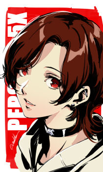 1girl barbell_piercing black_choker brown_hair choker commentary copyright_name ear_piercing earrings genderswap genderswap_(mtf) industrial_piercing jack_frost_(megami_tensei) jewelry kamishiro_nagisa lips looking_at_viewer parted_bangs parted_lips persona persona_5 persona_5:_the_phantom_x piercing pink_lips portrait red_eyes short_hair signature solo stud_earrings symbol-only_commentary upper_body werkbau wonder_(p5x)
