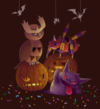 ariados banette candy colorized crobat food gen_1_pokemon gen_2_pokemon gen_3_pokemon gengar golbat halloween jack-o&#039;-lantern jelly_bean nintendo noctowl pokemon pokemon_(creature) purple_eyes red_eyes silhouette standing tongue tongue_out zenmai_hizu zubat
