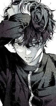 1boy absurdres commentary greyscale hand_on_own_head highres k_senior1114 long_sleeves male_focus mole mole_under_eye monochrome multiple_moles open_mouth sakamoto_days seba_natsuki short_hair simple_background solo teeth white_background zipper