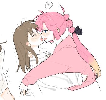 Rule 34 | 2girls, ahoge, anyoji hime, basil (wgh0anzdple3asf), black bow, blonde hair, blue eyes, bow, braid, breasts, brown hair, center-flap bangs, cleavage, closed eyes, commentary, detached ahoge, gradient hair, hair bow, heart, hood, hooded jacket, imminent kiss, jacket, jacket tug, kachimachi kosuzu, link! like! love live!, long hair, long sleeves, love live!, multi-tied hair, multicolored hair, multiple girls, open mouth, pink hair, pink jacket, ponytail, profile, shirt, side braids, speech bubble, spoken heart, symbol-only commentary, tongue, tongue out, virtual youtuber, white shirt, yuri