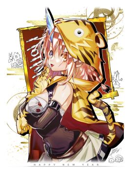 3girls 4boys animal_hands animal_hood artist_self-insert astra_ludger_doomsday black_shirt black_sleeves blue_eyes braid breasts cape character_request chibi chibi_inset chinese_zodiac commentary_request creator_connection cropped_legs crystal crystal_horns detached_sleeves english_text fake_claws fang gloves hand_up happy_new_year heterochromia hood hood_up hooded_cape horns imomushi-chan it's_my_life_(narita_imomushi) killing_me/killing_you looking_at_viewer medium_breasts medium_hair meteor_(killing_me/killing_you) miniskirt multiple_boys multiple_girls narita_imomushi new_year noah_o_antikythira open_mouth orange_eyes original paw_gloves pink_hair shirt signature single_horn skirt sleeveless sleeveless_shirt smile solo_focus standing tiger_hood tongue tongue_out white_skirt yaboyou year_of_the_tiger yellow_cape yellow_gloves youthanasia_(killing_me/killing_you)