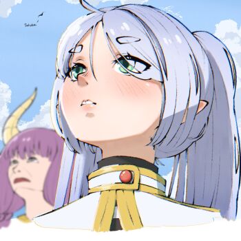 2girls aura_(sousou_no_frieren) blush commentary_request english_text frieren green_eyes grey_hair head_tilt highres meme multiple_girls purple_hair ryouko_c sousou_no_frieren tagme upper_body upward_angle_frieren_drawing_(meme)