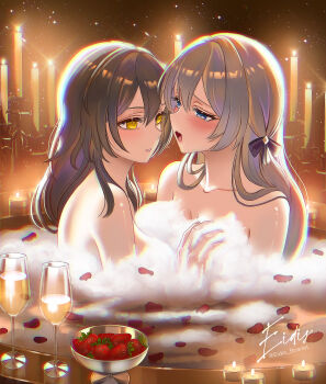 2girls absurdres black_hair blush candelabra candle candlestand champagne_flute collarbone commentary convenient_censoring couple cup drinking_glass eidis_scarlet english_commentary fingernails firefly_(honkai:_star_rail) food fruit grey_hair hair_between_eyes highres honkai:_star_rail honkai_(series) long_hair looking_at_another multiple_girls nude open_mouth paid_reward_available purple_eyes signature soap_bubbles soap_censor stelle_(honkai:_star_rail) strawberry trailblazer_(honkai:_star_rail) twitter_username very_long_hair yellow_eyes yuri