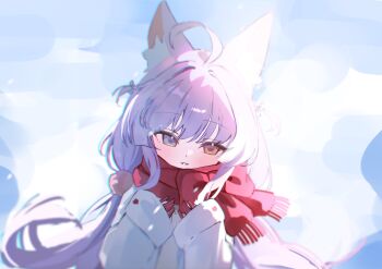 1girl absurdres ahoge animal_ear_fluff animal_ears blue_eyes brown_eyes coat commentary_request fox_ears fox_girl heterochromia highres iramoka001 korean_commentary long_hair long_sleeves looking_at_viewer parted_lips purple_hair red_scarf scarf sleeves_past_wrists solo stellive tenko_shibuki upper_body virtual_youtuber white_coat winter_clothes winter_coat