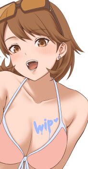 1girl bare_shoulders bikini bikini_top_only black-framed_eyewear breasts brown_eyes brown_hair cleavage collarbone earrings eyewear_on_head halterneck highres jewelry looking_at_viewer masatoshi_1219 medium_breasts official_alternate_costume open_mouth paint_on_body persona persona_3 pink_bikini short_hair solo stud_earrings sunglasses swept_bangs swimsuit takeba_yukari upper_body