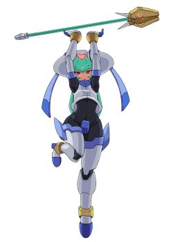 1girl absurdres armor arms_up crotch_plate forehead_jewel full_body godichi green_hair helmet highres long_hair mega_man_(series) mega_man_zx model_w_(mega_man) pandora_(mega_man) red_eyes simple_background solo staff white_armor white_background white_helmet
