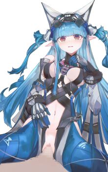 1boy 1girl absurdres arknights arknights:_endfield bare_shoulders blue_hair blunt_bangs bodysuit censored chinese_commentary clothing_cutout commentary_request cowgirl_position demon_girl demon_horns gradient_eyes highres horns last_rite_(arknights) long_hair long_sidelocks looking_at_viewer mizuhashi_parusui mosaic_censoring multicolored_eyes navel_cutout partial_commentary pointy_ears red_eyes sex sidelocks simple_background straddling vaginal white_background