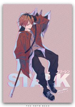 Rule 34 | 1boy, absurdres, artist name, black hair, black pants, brown hair, brown shirt, character name, coat, commentary request, contemporary, hair between eyes, halberd, highres, long sleeves, male focus, multicolored hair, noto (noto 1213), open clothes, open coat, pants, polearm, red coat, red eyes, shirt, solo, sousou no frieren, stark (sousou no frieren), weapon