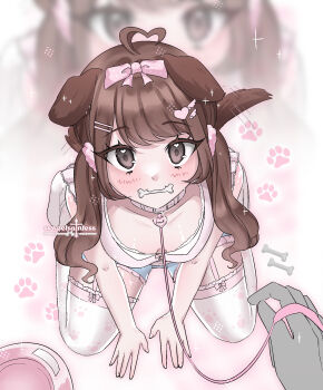 ahoge animal_ears arms_between_legs bdsm bone bow bowl breasts brown_hair cartoon_bone cleavage collar dog_ears dog_girl dog_tail garter_straps highres kneeling leash long_hair looking_at_viewer medium_breasts name_tag on_floor on_ground original pet_play pov seiza shorts simple_background sitting slave solo_focus sweetsaintess tail tail_wagging thighhighs wavy_hair
